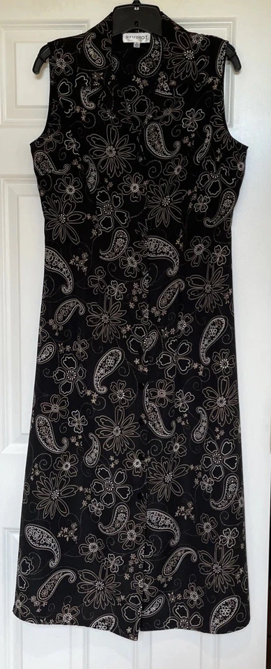 Studio 1 长衬衫连衣裙 12 码黑色佩斯利/花卉无袖 A 字领 — 第 2/4 张图片