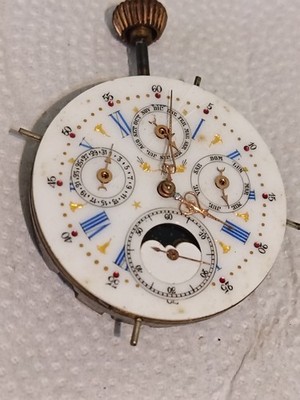 VTGE Triple Calendar & Moonphase Pocket Watch MVT. ENAMEL DIAL For Restore. Runs
