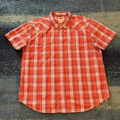 Levis Modern Fit Button Up Short Sleeve Shirt Orange Plaid Men s XL Pearl Snap
