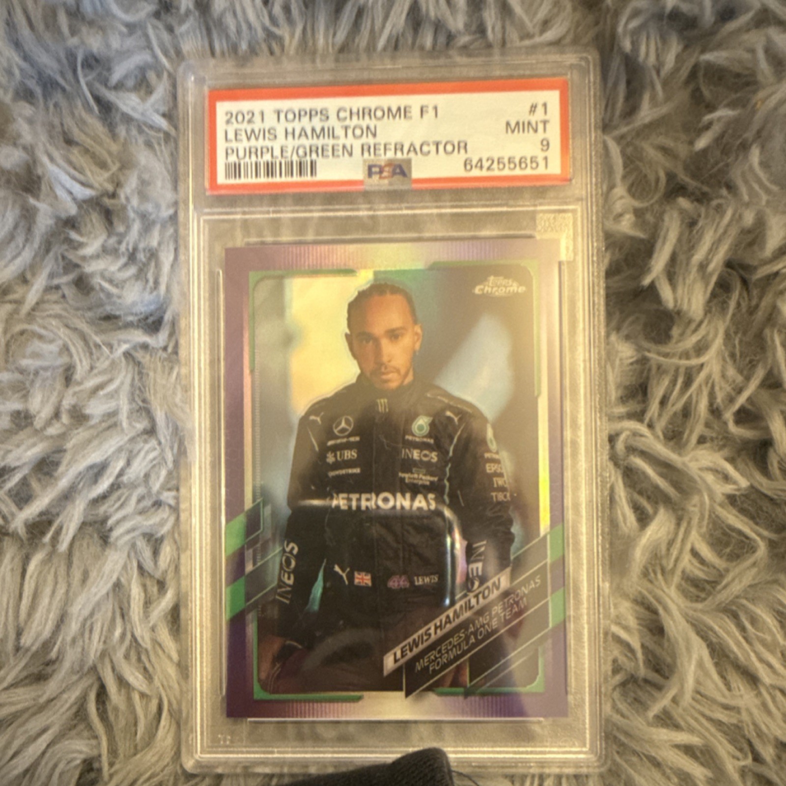 Topps 2021 Chrome Formula 1 Lewis Hamilton Purple/Green Refractor #1 PSA 9 Card