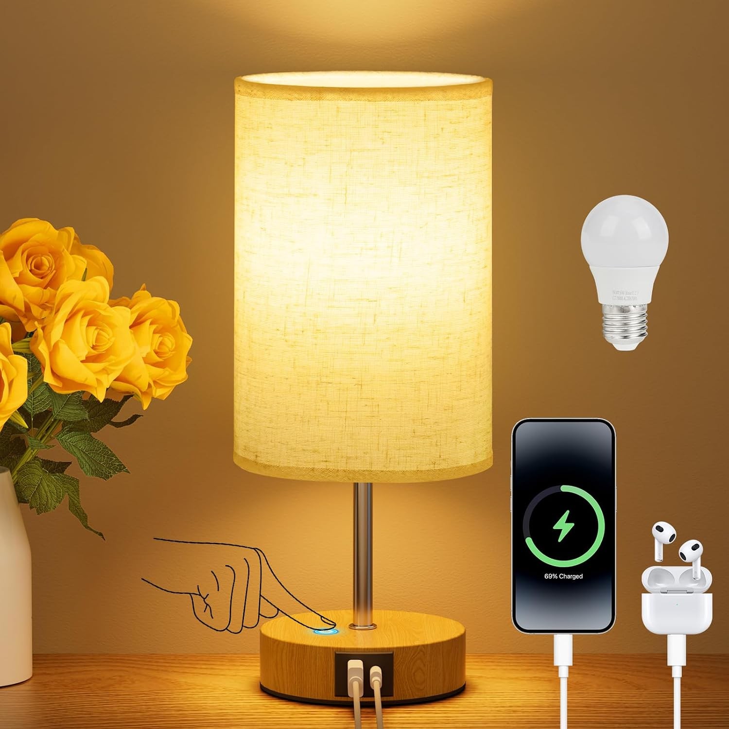 LED Bedside Table Lamp for Bedroom Dimmable Touch Light USB C Dual Charging Port