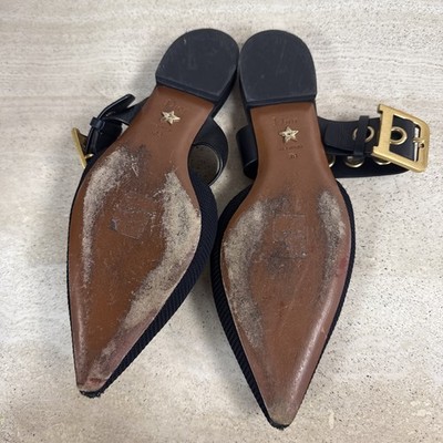 CHRISTIAN DIOR D-Dior Black Canvas Leather Pointed Toe Gold Flat