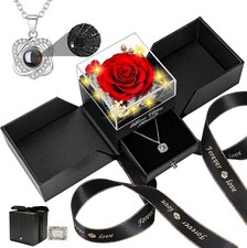 Valentines Day Gift Preserved Red Real Rose Heart I Love You Necklace Set