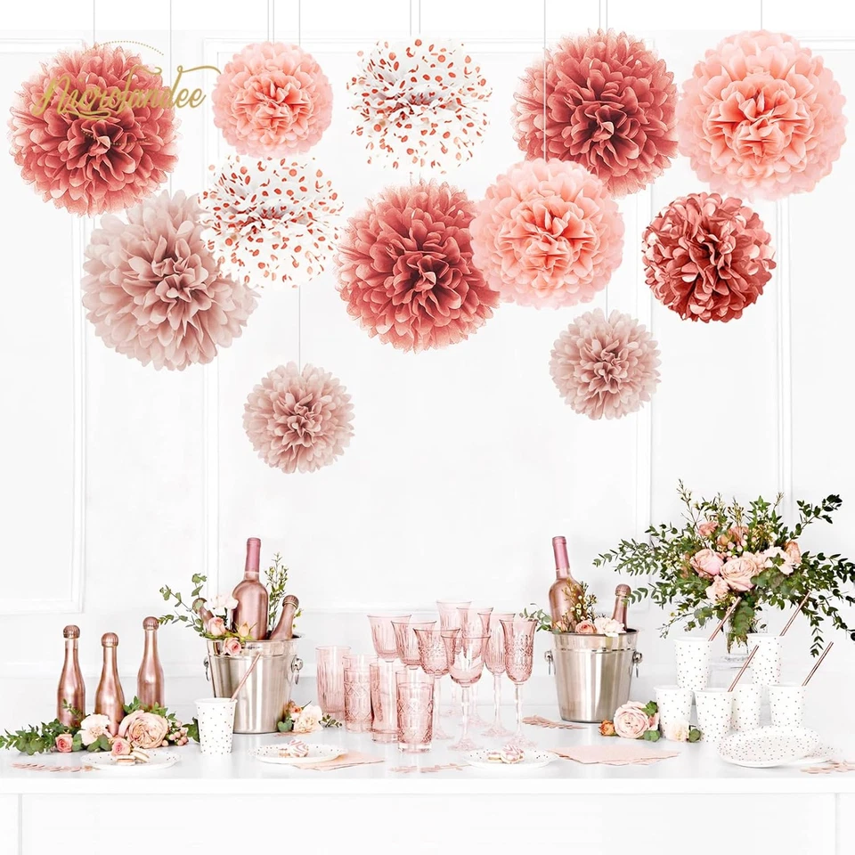 Wedding Decorations - 12 PCS Rose Gold Tissue Paper Pom Poms for Engagement Part - Image 4 of 4