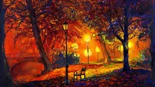 Landscape  art trees painting park bench lamp fall Custom Gaming Mat Desk