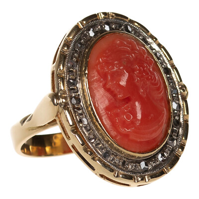 Cameo Ring in Gold 750 mit Gemme Koralle & Diamanten Gr. 55/17,5 mm (D3386)
