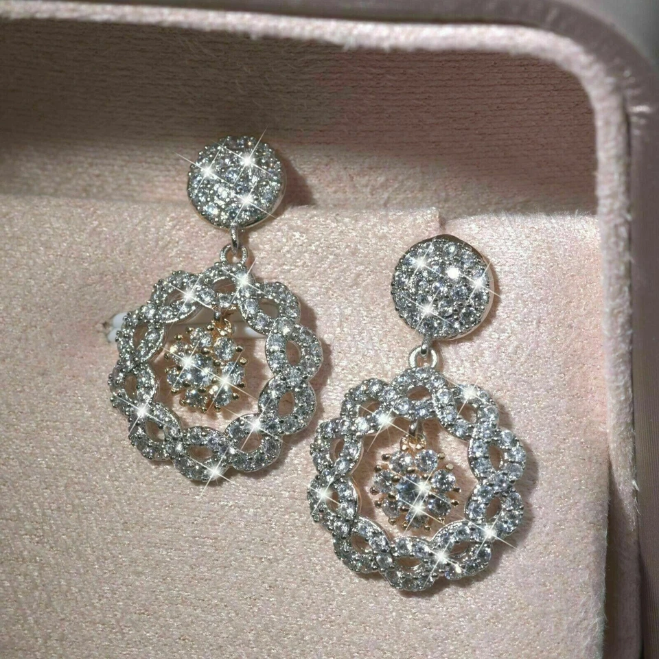 1.4 Ct Round Diamond Simulated Circle Drop & Dangle Earrings 925 Sterling Silver - Image 3 of 4