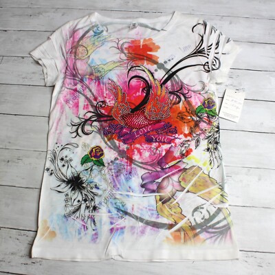 Vintage Women's Graphic T Shirt Top Size 1X XL Tattoo Art Love Wings Rhinestones