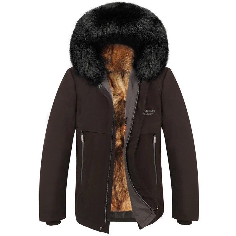 Winter Real Fox Fur Collar Hooded Rabbit Fur Lined Coat Parka Overcoats Zip Warm - Image 3 of 4