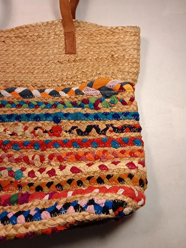 Woven Rag Rug Lg. Tote Bag Boho Hippie  Striped W/ Leather Straps Made In India  - Image 4 of 4