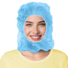 Disposable Blue Polypropylene Hooded Caps, Elastic Face Opening, 1000 Pack