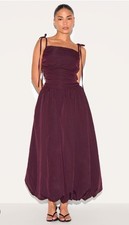 PRETTYLITTLETHING Petite Midi Dress Wine Spaghetti Strap Puff Hem 12P