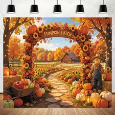 10x8ft Fall Pumpkin Patch Arch Backdrop, Autumn Farm Scarecrow Photography Ba...