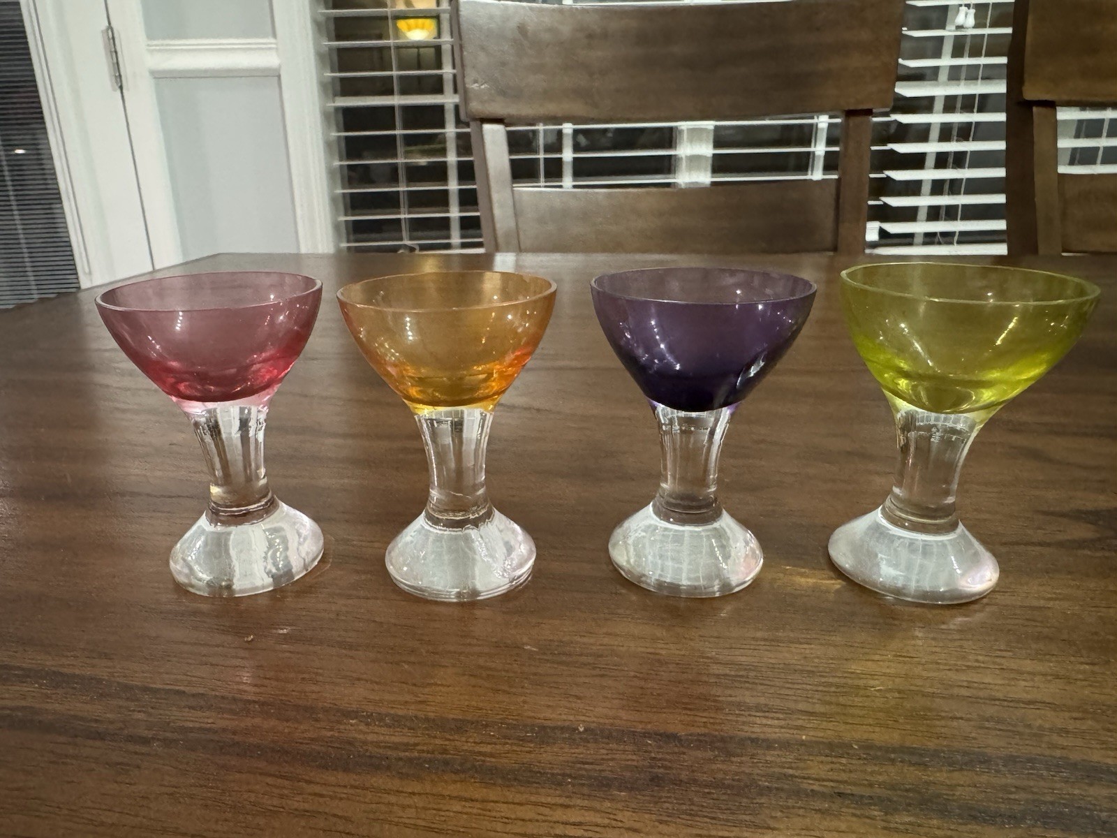 Vtg Czech Cordial Colored Glasses Heavy Clear Glass Bottom Base / Set of 4