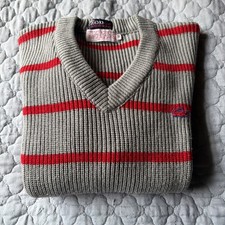 Vintage Izod Lacoste Sweater Women's Size S/M 20 Grey Striped Golf V Neck 80s