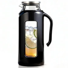Glass Pitcher with Lid & Shatterproof Shell – Heat-Resistant Borosilicate Gla...