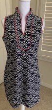 Vince Camuto Women Dress 8 Navy Blue Geometric Sleeveless V Neck Back Zip Sheath