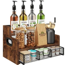 Coffee Syrup Rack Organizer 3-Tier 8 Bottles Holder Stand with 35 Cup Storage