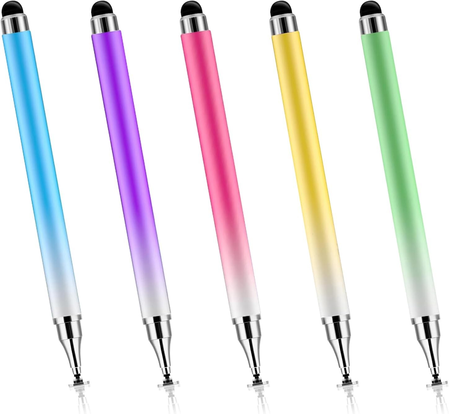 5-Pack Dual-Tip Stylus Pens for Touchscreens - Blue Green Pink Purple Yellow