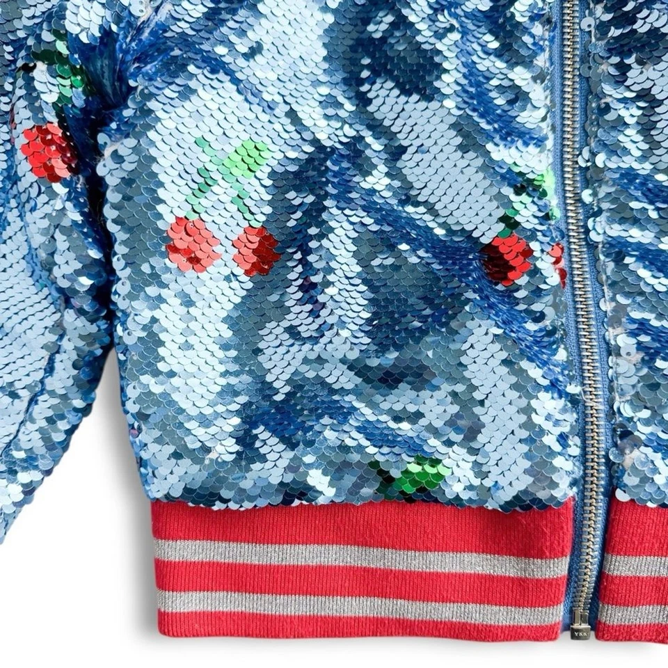 Rockets of Awesome Sequin Cherry Bomber Jacket Girls Sz 5 Blue Red Sparkle Retro - Image 3 of 4
