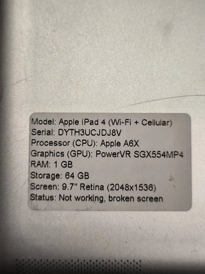 Lot of 2 Tablets (Apple iPad 4 & Samsung Galaxy Tab A 10.1) - For Parts - Image 2 of 4