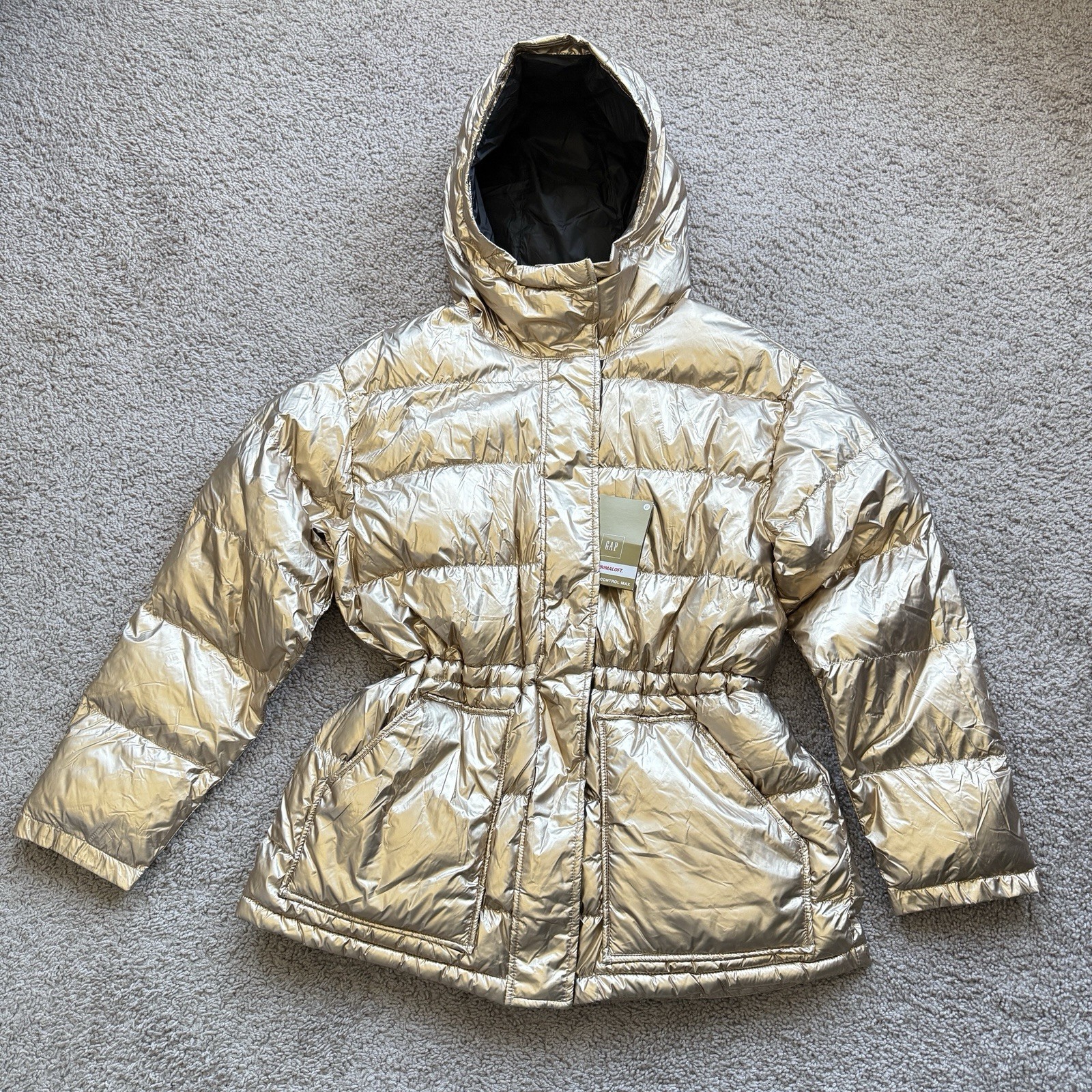 GAP Women's Gold Metallic Puffer Coat Medium NWT PrimaLoft Warmth