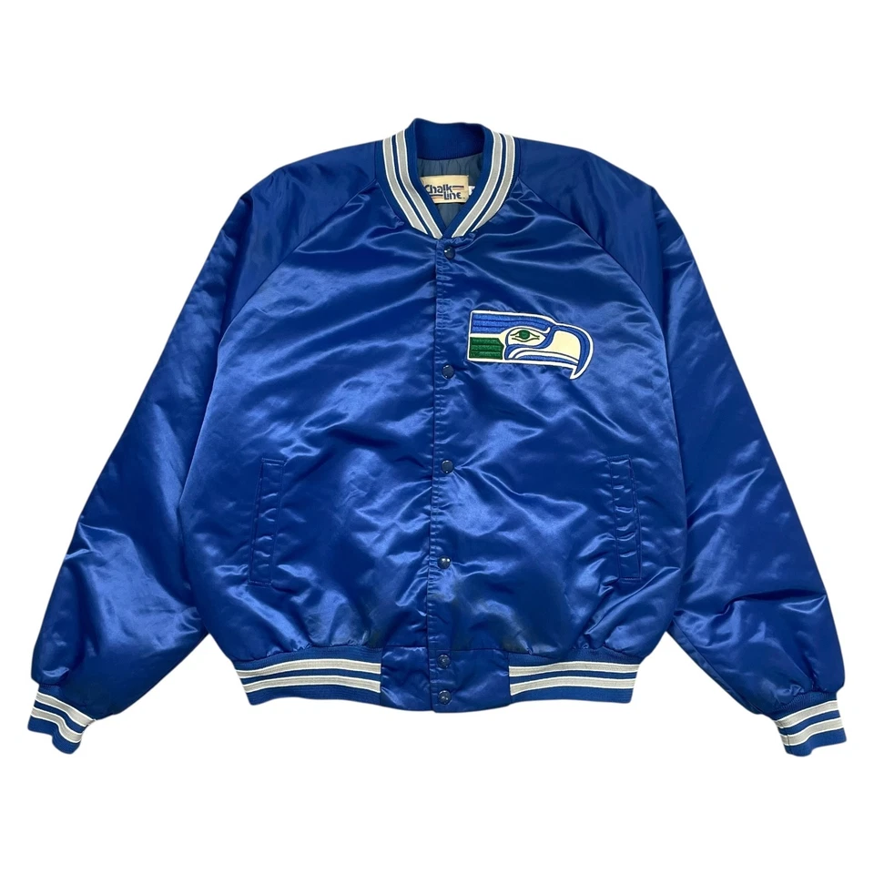 VTG 90s NFL SEATTLE SEAHAWKS CHALK LINE SATIN JACKET SPELL OUT MADE IN USA XL - Image 2 of 4