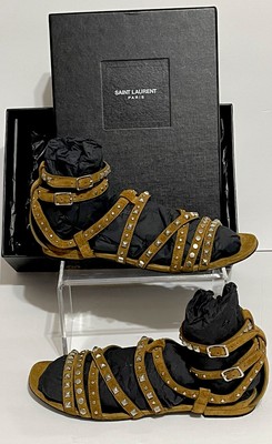 YSL Saint Laurent Tan Studded Fringe Suede Gladiator Sandal Size 