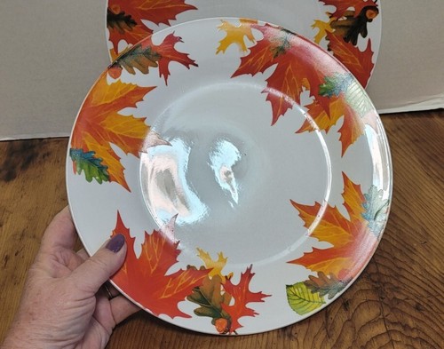 2 Pc. 10 1/2" Dinner Plate Yellow & Orange Leaves Farmhouse Fall Display - Picture 2 of 6
