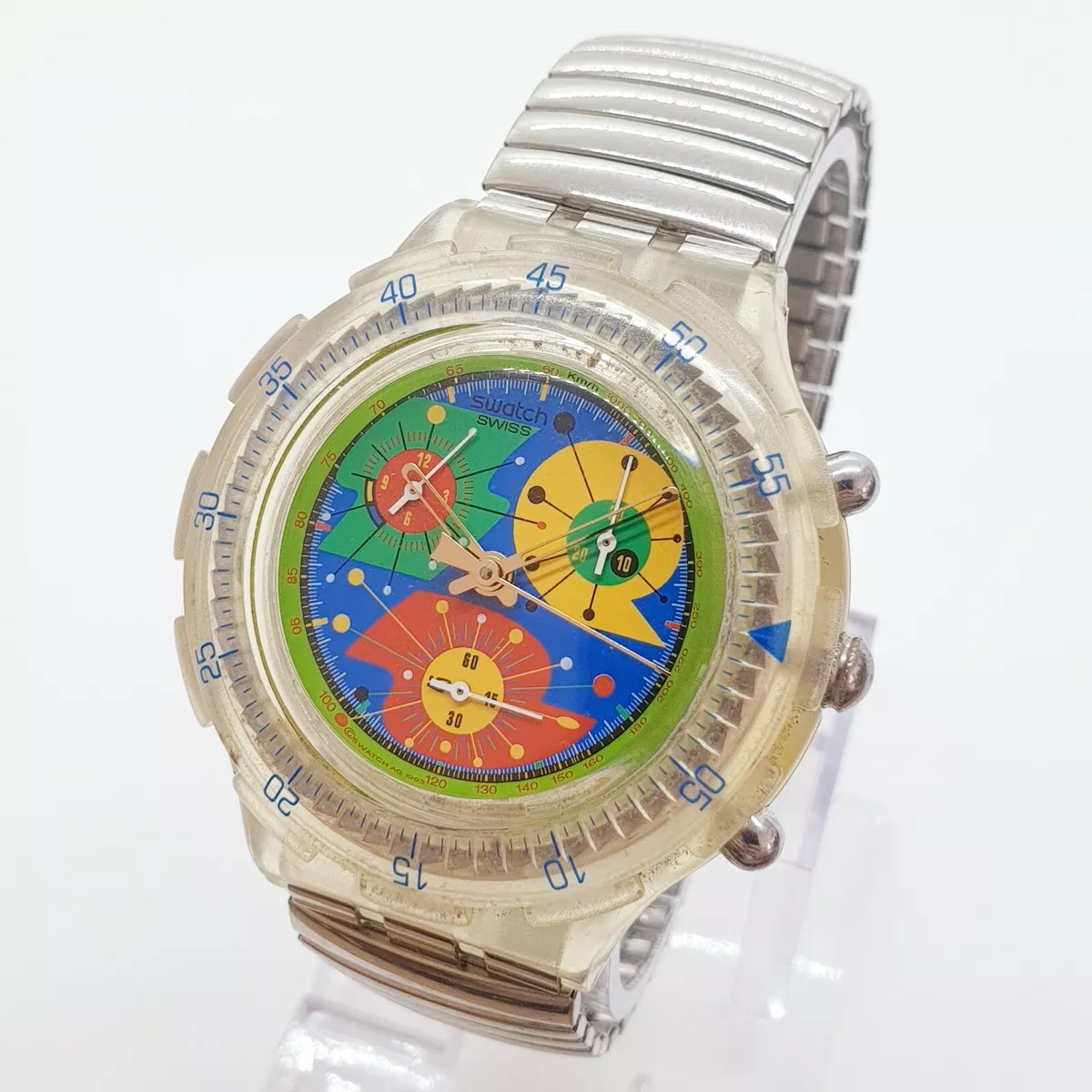 1993 Very Big Colorful Swatch Chronograph Watch, Large 44mm Swatch Chrono Watch