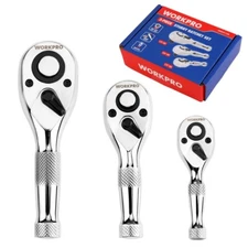 WORKPRO 3PC Stubby Ratchet Set Quick Release 1/4" 3/8" 1/2" Drive Ratchet Handle