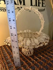 Vintage Handmade Beaded Safety Pin Basket Clear Silver 9" high