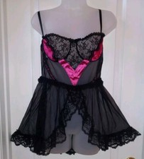 Vintage 80s Hot Pink Satin Black Frilly Lace Baby Doll Nighty Lingerie 1X Plus