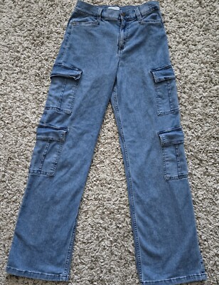 Sofia Vergara Relaxed Cargo Straight Leg Super High Rise Pants Blue Jeans Sz 2