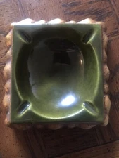 Mid Century Modern Italian Pottery Ashtray Green & Gold 5.25" Square MINT COND