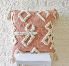Boho Blushed Pink Throw Pillow Cover 18x18 Inch with Tassels, Pom Pom Tufted