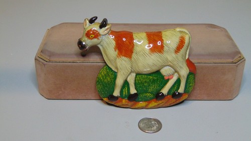 PLASTIC COW FIGURE FRIDGE MAGNET WHITE AND BROWN 4 1/2" X 3 3/4"