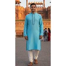 IMPROVE Premium Punjabi Kurta Men's Blue Traditional Wear Embroidered Size 40