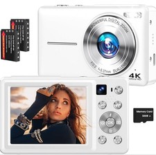 4K Digital Camera, 64MP Autofocus Vlogging Camera with Dual Lens, 16X White 