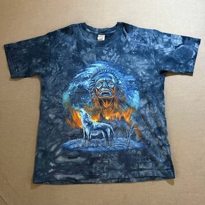 The Mountain Native American Chief Howling Wolf Tie Dye Tee L Blue Short Sleeve