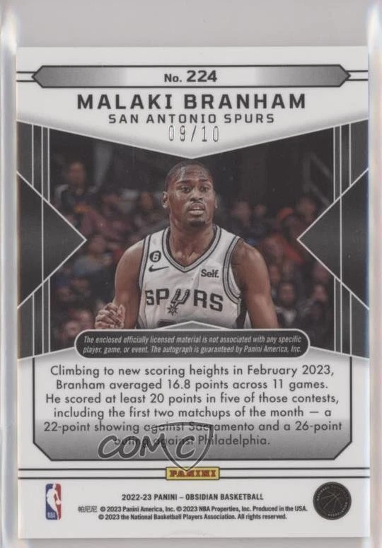 2022 Obsidian Electric Etch Yellow Flood /10 Malaki Branham #224 Rookie Auto RC - Image 2 of 2