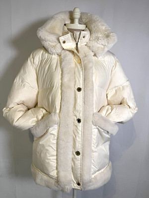 $1150 Sandro Paris Cream Down Filled Winter Coat Puffer Jacket Fur Trim Sz L