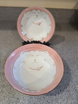Lot Is 2 Sousaku Japan Smiling Fat Cat Pink Rimmed 1 Ea Cereal And Serving Bowl 