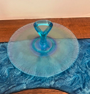 Fenton Celeste Blue Stretch Iridescent Glass Handled Serving Tidbit Tray Plate