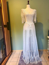 Vintage bridal peignoir gown ivory lace pearl beaded sheer romantic gown