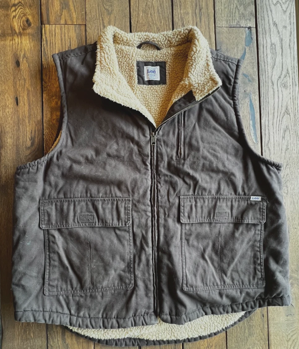 Lee Vest Mens 2XL Brown Canvas Sherpa Fleece Lined Workwear Pockets