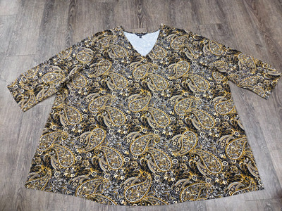 Ulla Popken Black Mustard Yellow V Neck Plus Size Blouse Shirt Top Size 36/38