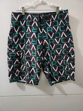 RVCA Shorts Mens 31 Green Board Surf Swim Beach Logo Spellout Momogram Cargo 10"