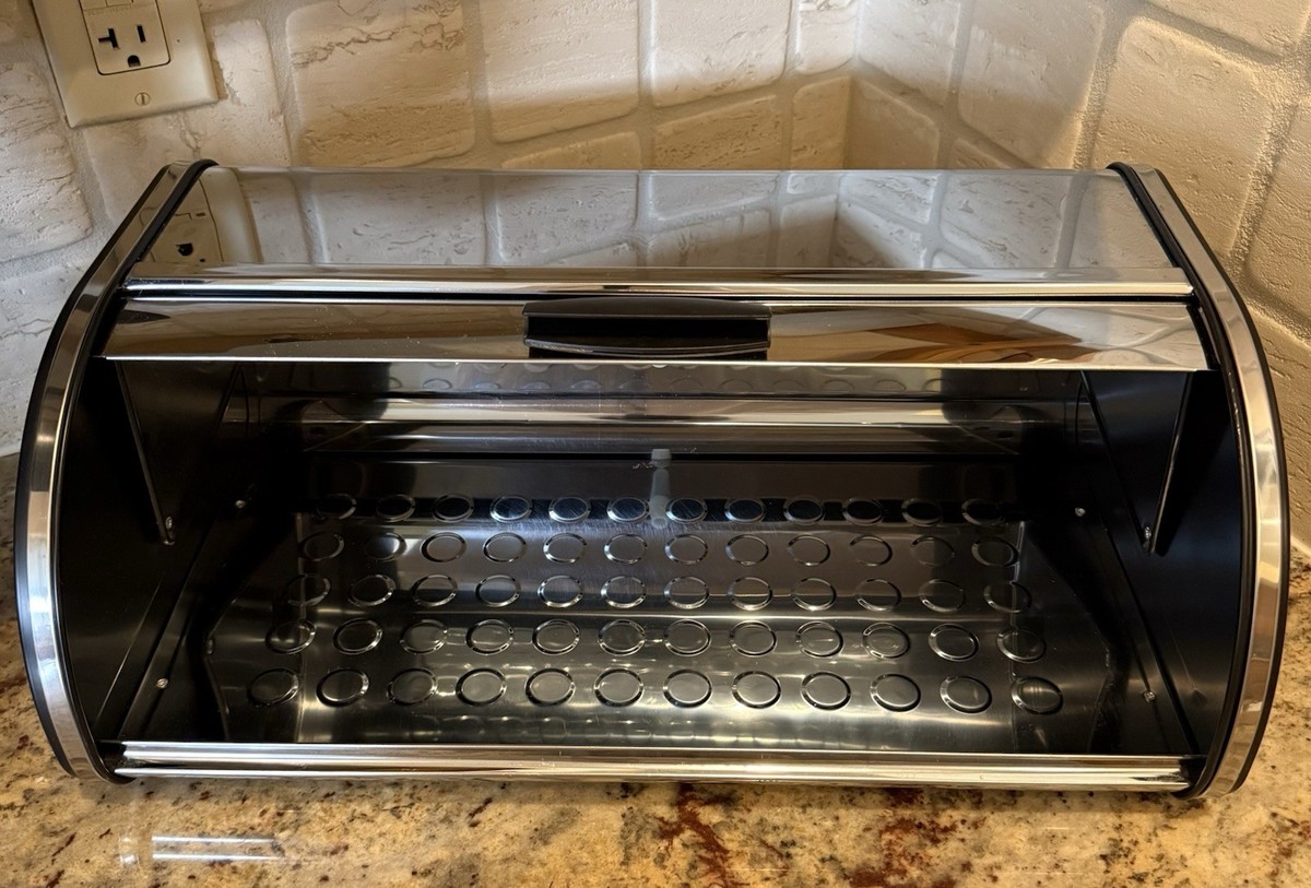 Vintage Chrome Plated Stainless Steel Bread Box w/ Roll Top Lid