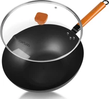 12.5-Inch Carbon Steel Wok with Lid – Pre-Seasoned Flat Bottom Stir-Fry Pan, Non